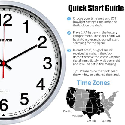 Geevon 12 Inch Atomic Wall Clock - Self-Setting Analog Clock with Automatic Time Sync - Battery Operated for Home Office School - Silver Frame