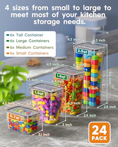 Airtight Food Storage Containers with Lids, 24 PCS Kitchen and Pantry Organization Canisters, BPA-Free, PVC-Free, Food-grade Plastic Leak-proof Jars for Cereal, Flour, Sugar, Extra 24 Labels & Marker