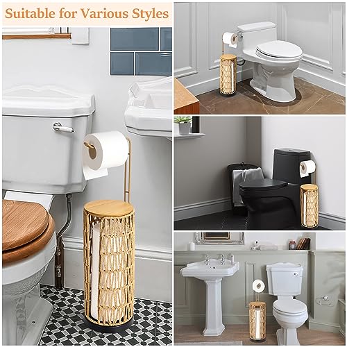 Freestanding Toilet Paper Holder with Storage,3 Rolls of Tissue Holder for Bathroom,Handmade Woven Toilet Paper Roll Holder Stand,Rattan Sturdy Boho Bathroom Decor Farmhouse Toilet Paper Storage