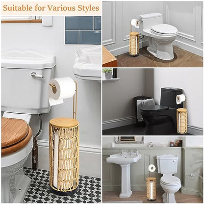 Freestanding Toilet Paper Holder with Storage,3 Rolls of Tissue Holder for Bathroom,Handmade Woven Toilet Paper Roll Holder Stand,Rattan Sturdy Boho Bathroom Decor Farmhouse Toilet Paper Storage