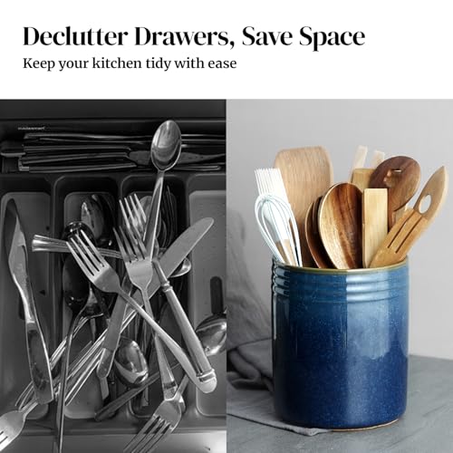 DOWAN 7.2" Kitchen Utensil Holder, Extra Large Farmhouse Utensil Holders for Countertop, Ceramic Utensil Crock, Anti Slip Cork Bottom