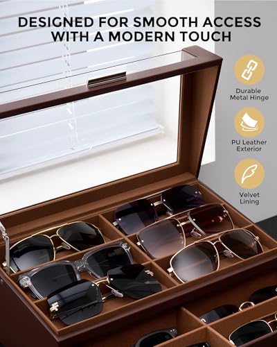 ProCase 12 Slots Sunglasses Box with L-Shaped Clear Lid -Espresso | Multiple Pairs Glasses Display Organizer Eyewear Eyeglass Eye Glass Storage Holder with Drawer for Men Women