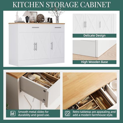 Shintenchi Modern Farmhouse Sideboard Buffet Cabinet with Storage with 3 Doors,42" Barn Doors Buffet Cabinet with Storage, Wood Coffee Bar Cabinets with Adjustable Shelf for Kitchen Living Room,White