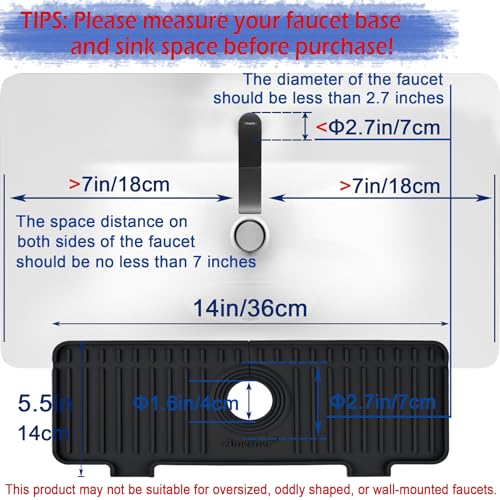 Kitchen Sink Splash Guard, 10° Large Slope & Adaptable Hole Faucet Mat for Kitchen Sink, Silicone Sink Organizer Sponge Holder for Kitchen, Bathroom, RV, Bar, 14.2” x 5.1”, Black