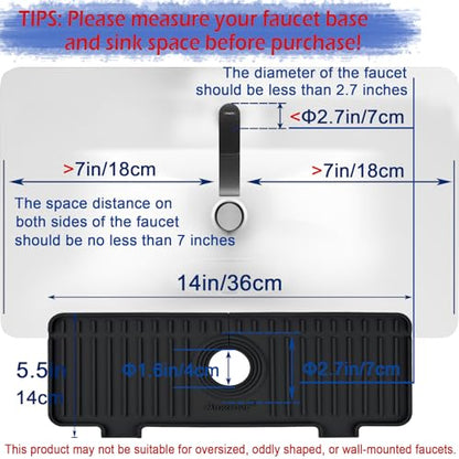 Kitchen Sink Splash Guard, 10° Large Slope & Adaptable Hole Faucet Mat for Kitchen Sink, Silicone Sink Organizer Sponge Holder for Kitchen, Bathroom, RV, Bar, 14.2” x 5.1”, Black