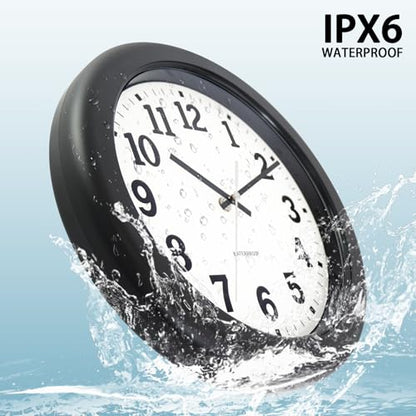 Caysie 12 Inch Sealed Indoor Outdoor Clock Waterproof, Silent Battery Operated Weatherproof Wall Clocks for Pool Patio Outside Home (Black)
