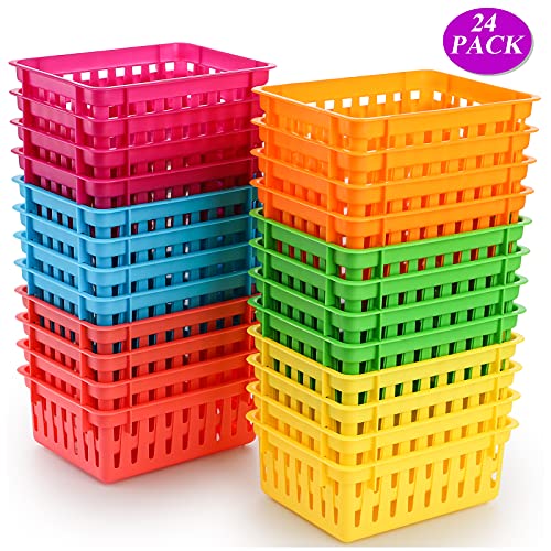 24 Pack Classroom Storage Baskets, Small Plastic Baskets for Organizing, Colorful Storage Trays, Crayon Pencil Containers Organizer Bins for Desk, Drawer, Home, Office, 6.1"L x 4.7"W x 2.4"H