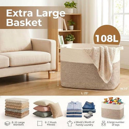 OIASKET 108L Cotton Rope Storage Basket for Living Room and Bedroom 25"x16"x16" Woven Laundry Basket, Heavy Duty Bin for Blankets, Pillows & Toys, Pet-Safe & Scratch-Free, Brown and White