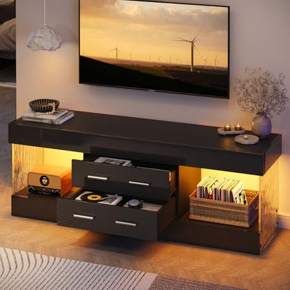 Bestier TV Stand for 65 Inch TV, Modern Black Entertainment Center | High Gloss Black Finish, Stone Pattern Panels, LED Lights, 2 Large Storage Drawer, Living Room Media Console