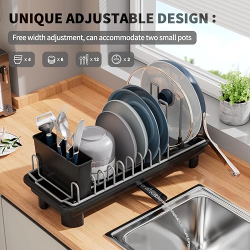 Small Dish Drying Rack, Stainless Steel with Drain Board & Utensil Holder | Anti-Scratch Base, Space Saving Design for Kitchen Counter, Black