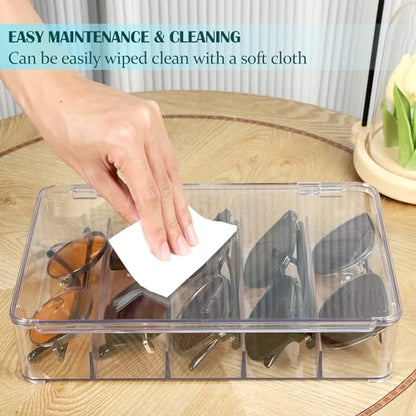 FORUP Sunglasses Organizer, Plastic Stackable Eyeglass Case Storage Organizer, Sunglass Glasses Storage Box with Hinged Lid