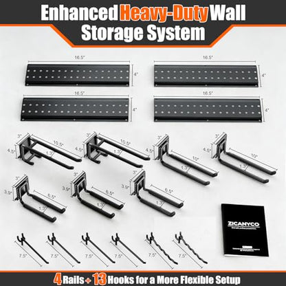 Garage Tool Organizer Wall Mount 66 inches with 13 Adjustable Heavy-Duty Hooks, Garage Organization, Garden Tool Storage Rack for Garage, Yard, and Shed, Holds Up to 520 lbs