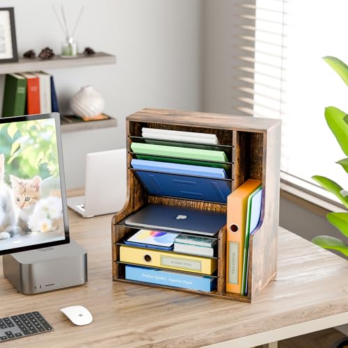 Simple Trending 7- Tier Desk File Organizer, Paper Organizer, Rustic Brown | Adjustable Letter Trays, Wooden Desk Accessories with Side File Holder, for Office Home Classroom, 16"L x 9"W x 17"H