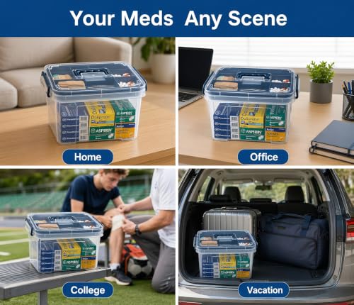 Pulseplay 2 Pack Clear Medicine Storage Box with Tray Portable Medicine Cabinet with Handle Multipurpose Plastic Storage Box First Aid Box Empty for Home and Travel