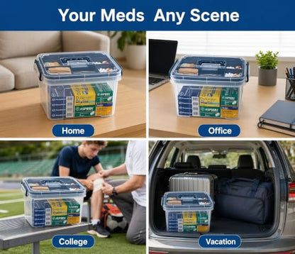 Pulseplay 2 Pack Clear Medicine Storage Box with Tray Portable Medicine Cabinet with Handle Multipurpose Plastic Storage Box First Aid Box Empty for Home and Travel
