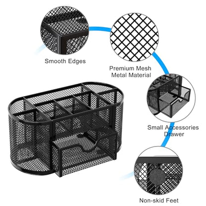 EasyPAG Mesh Pen Holder Desk Organizer with Drawer Stationery Supplies Organizer for Dorm School 9 Compartments Workspace Desk Accessories Organization for Office, Black