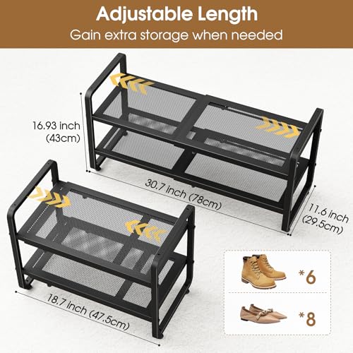 SAYZH Expandable Shoe Rack for Closet, Adjustable Metal Shoe Organizer with Sturdy Mesh Shelves for Boots & Heels, Stackable Shoe Storage for Entryway, Garage, Small Spaces (Black, 2-Tier)