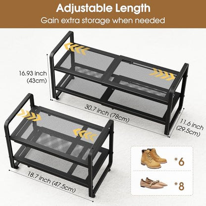 SAYZH Expandable Shoe Rack for Closet, Adjustable Metal Shoe Organizer with Sturdy Mesh Shelves for Boots & Heels, Stackable Shoe Storage for Entryway, Garage, Small Spaces (Black, 2-Tier)