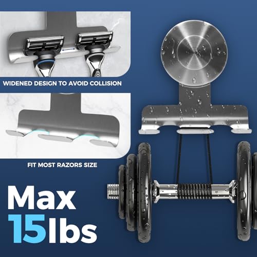 Suction Cup Razor Holder for Shower,Heavy-Duty 7KG Suction Hooks for Razor,Towel,Loofah,Removable Damage-Free Metal Shower Hook,Shaver Holder,2 Pack(Brushed Silver)