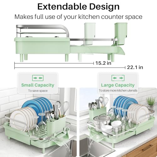 SNTD Expandable Dish Drying Rack for Kitchen Counter, 15.2-22.1 in, Green | Rust-Resistant Stainless Steel, Protective Side Rails, Self-Draining Drainboard, Removable Utensil Holder