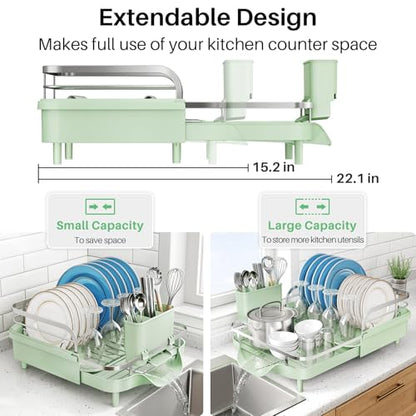 SNTD Expandable Dish Drying Rack for Kitchen Counter, 15.2-22.1 in, Green | Rust-Resistant Stainless Steel, Protective Side Rails, Self-Draining Drainboard, Removable Utensil Holder
