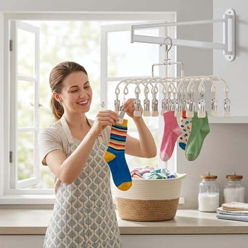 2 Pack Pants Hangers with 40 Clips, Stainless Steel Space Saving Closet Organizer for Hats Leggings Jeans, Dual Row Hangers for Dorm Room Essentials (Off-White)