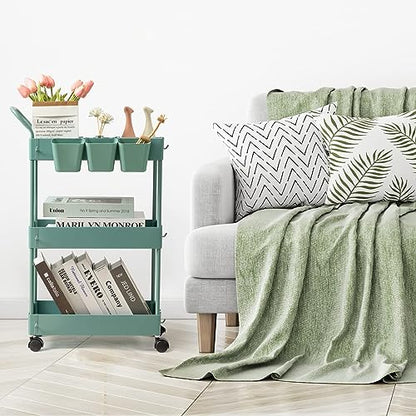 Storage Cart on Wheels, 3 Tier Bathroom Cart Organizer Slim Laundry Narrow Shelf with Wheels Dividers Hanging Cups Hooks Handle Easy Assembly, Green