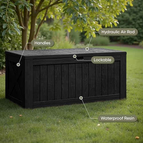 Flamaker Resin Deck Box 120 Gallon Waterproof Large Outdoor Storage Box | Indoor Imitation Wood Resin Plastic Delivery Box for Patio Furniture Garden Tools and Pool Deck Chest