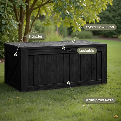 Flamaker Resin Deck Box 120 Gallon Waterproof Large Outdoor Storage Box | Indoor Imitation Wood Resin Plastic Delivery Box for Patio Furniture Garden Tools and Pool Deck Chest