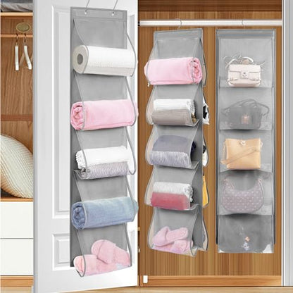 2 Pack Over the Door Hanging Vinyl Organizer Embroidery Stabilizer Holder Purse Storage for Closet Bath Towel Hanger Scarf Container 5 Large Pockets (One Side)