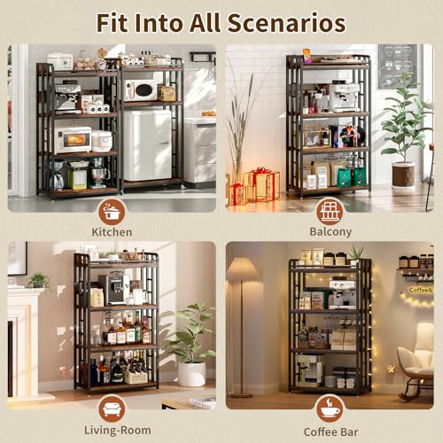Adjustable 4-Tier Heavy Duty Kitchen Baker's Rack with Power Outlet, with Industrial Wheels, Free Standing Microwave Oven Cart Stand for Storage in Living Room, Garage, Rustic Brown