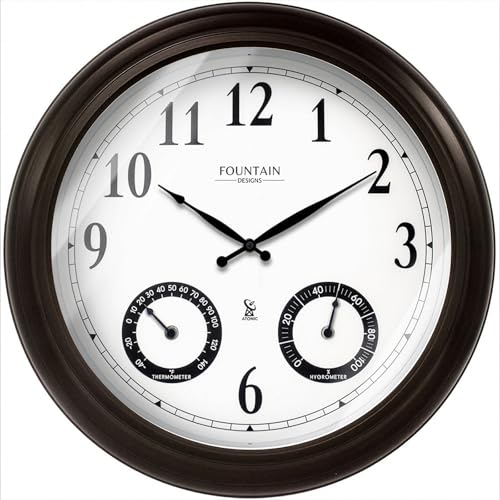 20" Large Outdoor Atomic Wall Clock,Oil Rubbed Bronze | Auto DST Adjust, IP65 Waterproof, Built In Thermometer & Hygrometer, Accurate & Easy to Read for Patio,Pool & Garden