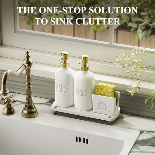 Kitchen Soap Dispenser Set Comes with Ceramics Sponge Holder, Gold Pumps, and Instant Dry Tray, Hand and Dish Soap Dispenser Set, Kitchen Decor and Accessories for Countertop Organizer
