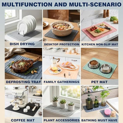 2 Pack Caketime Silicone Dish Drying Mat for Kitchen Counter Multiple Usage for Baking Cooking Grilling Under Sink Office Coffee Accessories Apartment Appliances Pioneer Woman Stuff 15"x11.5" Blue