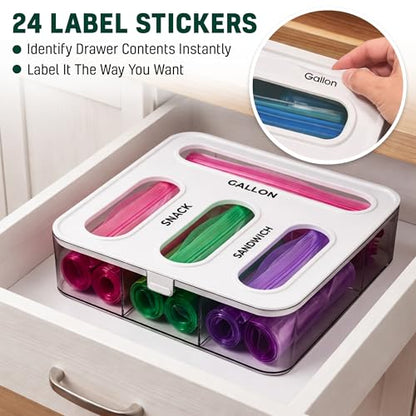 HIMUS Food Storage Bag Organizer - 4 in 1 Plastic Baggie Organizer for Drawer | Compatible with Sandwich, Snack, Gallon, Quart & Slider | Plastic Bag Organizers Kitchen Storage| Wall & Drawer Mount