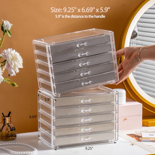 YUFONG Necklace Holder Organizer, Dustproof Necklace Box Velvet Necklace Organizer Box with Lid Clear Acrylic Dustproof Stackable Jewelry Displays for Necklaces Chain Display (Beige, 5 Drawer)