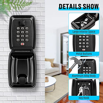 Key Lock Box for Outside, Sturdy Waterproof Wall Mount Lock Box for House Key, 12-Digit Combination Resettable Large Capacity Security Lockbox for Home, Garage, Office, Warehouse