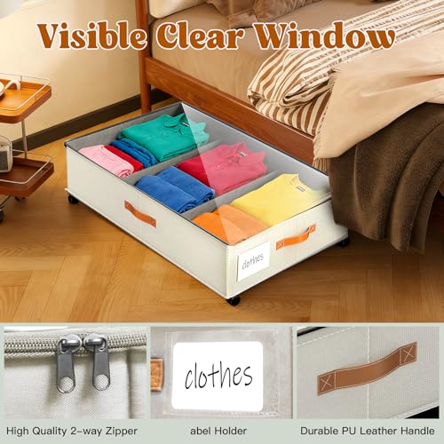 Under Bed Storage with Wheels, Rolling Storage Containers with Clear Lid and Handles for Clothes, Shoes, Blankets, Pillows, Toys, Books, Bags (60L, 30.9 x 16.9 x 6.7in, Beige, 2 Pack)