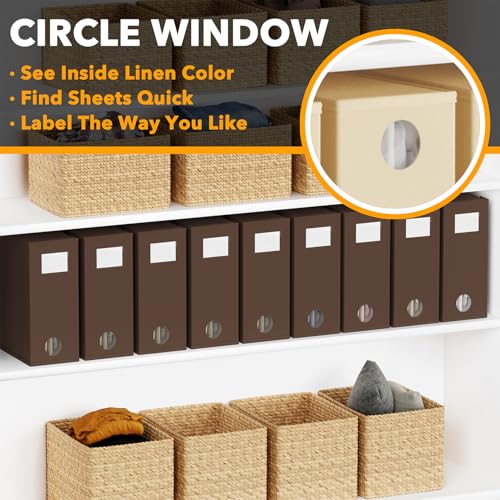 SpaceAid 9 Pack Bed Sheet Organizers and Storage, Foldable Sheet Organizer with Window for Linen Closet, Set Folder Keeper for Queen & King Size Bedding Storage (Brown)