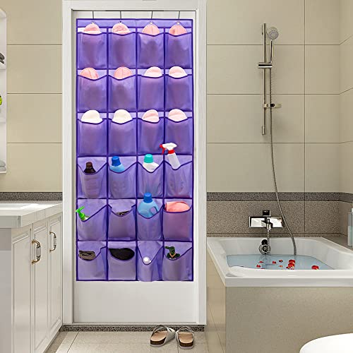 Over The Door Hanging Shoe Organizer Shoe Rack Hanger 24 Large Fabric Pockets Holder with 4 Sturdy Hooks (PURPLE)