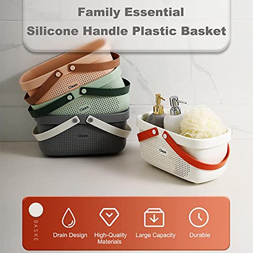 Plastic Storage Basket with Handle Portable Shower Caddy Tote Organizer Basket Bin for Bathroom Kitchen Dorm Room Bedroom, Gray | Sturdy Drainage Large Capacity Organizer Basket with Silicone Handles for Bathroom Kitchen Bedroom College Dorm Essentials