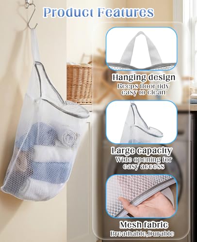 4 Pcs Mesh Hanging Laundry Bag with S Hooks, 15"x12" Laundry Bags for Washing Machine for Clothes Delicates Lingerie Sock