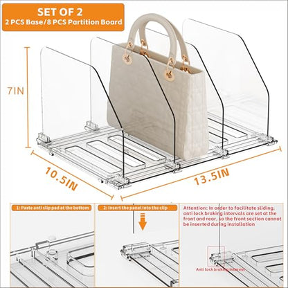 2 Pack Acrylic Purse Organizer for Closet,Adjustable Purse Dividers and Handbags Storage Organizer,Clear Shelf Dividers for Closet Organization,Bookshelf,Pocketbook,Wallet,Bag,Clutch Organizer