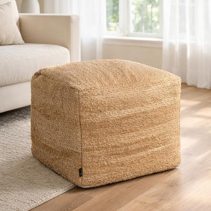 Unstuffed Pouf Ottoman Cover, Beige, 16.5x16.5x12.9 Inches | DIY Fillable Floor Pouf with Storage, Indoor Outdoor Square Ottoman, Footrest, Boho Decorative Floor Pillow