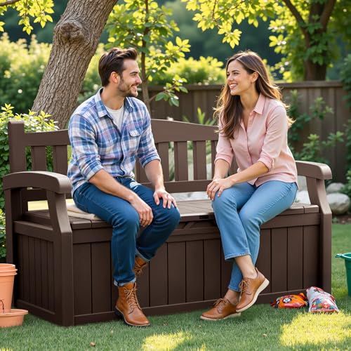 Flamaker 80 Gallon Storage Bench, Deck Box with Seat Waterproof All-Weather | Lockable Heavy-Duty Chest Box with Seating Bench for Garden, Patio, Poolside, Indoor, Outdoor