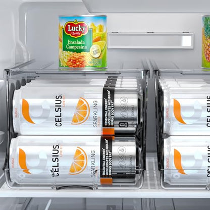 SCAVATA 2 Pack Skinny Can Organizer for Refrigerator, Stackable Tall Skinny Soda Pop Can Holder Dispenser with Lid for Fridge Pantry Rack Freezer, Clear Plastic Storage Bins-Holds 12 Slim Cans Each