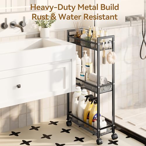 Slim Rolling Storage Cart, Metal 3 Tier Bathroom Storage Organizer Laundry Room Utility Cart for Kitchen, Bthroom, Makeup, Craft, Laundry Narrow Places, Black
