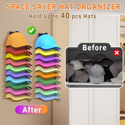 Hat Organizer for Baseball Caps, 2 Pack Hold Up to 40 Hats | Hat Rack for Wall Space Saving, Hat Hanger w/Strong Adhesive Hat Storage Holder Display for Closet Door and Wall (Black)