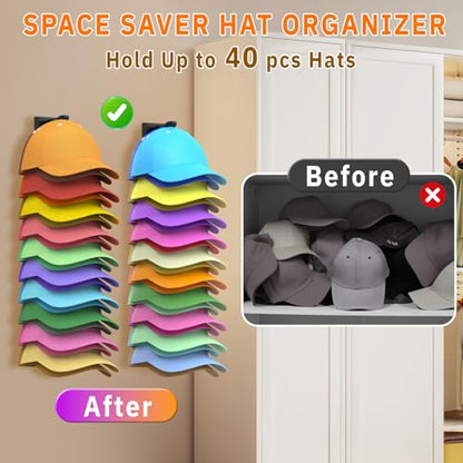 Hat Organizer for Baseball Caps, 2 Pack Hold Up to 40 Hats | Hat Rack for Wall Space Saving, Hat Hanger w/Strong Adhesive Hat Storage Holder Display for Closet Door and Wall (Black)