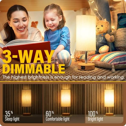 Yarra-Decor Bedside Table Lamp with USB Ports - Touch Control for Bedroom 3 Way Dimmable Nightstand Lamp with Round Fabric Shade for Living Room, Dorm, Home Office, Corded Electric, Without Battery